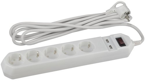 Сетевой фильтр с заземлением ЭРА USF-5es-1.5m-USB-W 5-м+2USB тип A+A 1,5м 10А 2200В белый картинка 